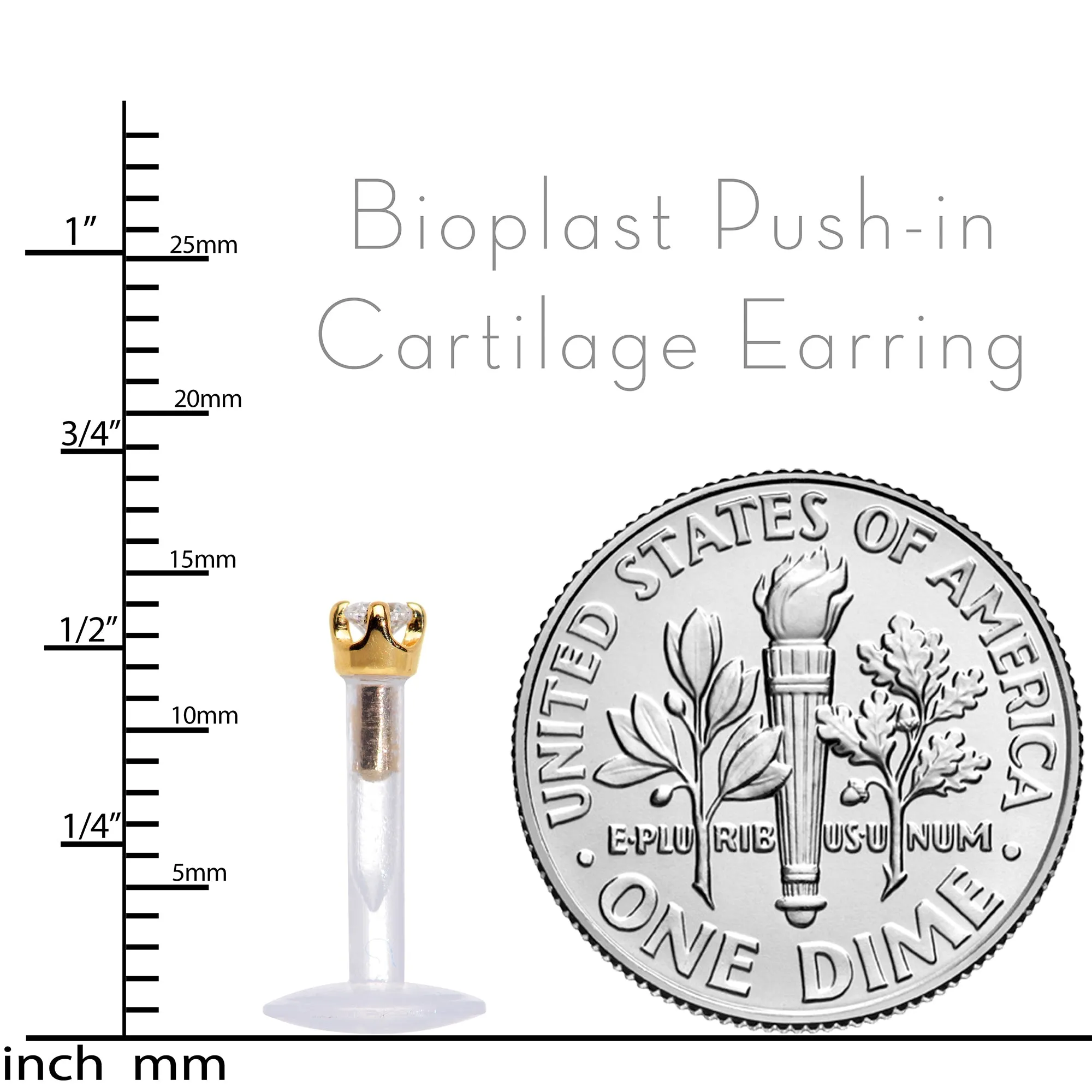16 Gauge 1/4 Solid 14KT Yellow Gold 1.5mm CZ Bioplast Push in Cartilage Earring
