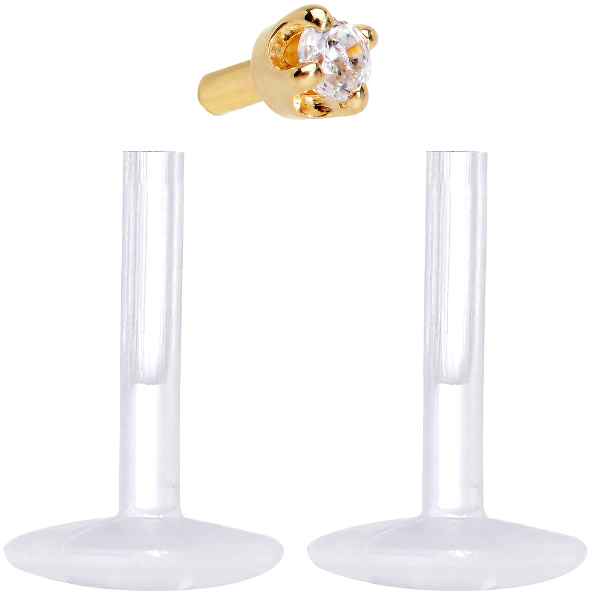 16 Gauge 1/4 Solid 14KT Yellow Gold 1.5mm CZ Bioplast Push in Cartilage Earring