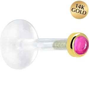 16 Gauge 1/4 Solid 14KT Yellow Gold 2mm Genuine Pink Tourmaline Bioplast Tragus Earring Stud