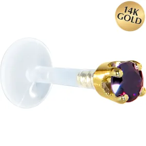 16 Gauge 5/16 Solid 14KT Yellow Gold 3mm Amethyst Cubic Zirconia Bioplast Tragus Earring Stud