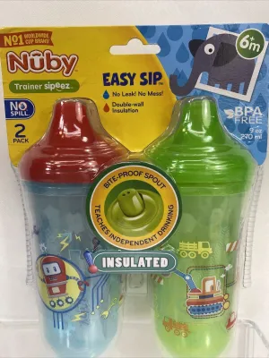 2pk Nuby Trainer Sipeez Easy Sip Fun No Leak Bottle Insulated Blue Green 9oz