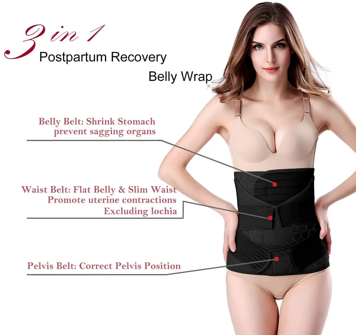 3 in 1 Postpartum Support - Recovery Belly/waist/pelvis Belt Shapewear Slimming Girdle (One Size, Black)