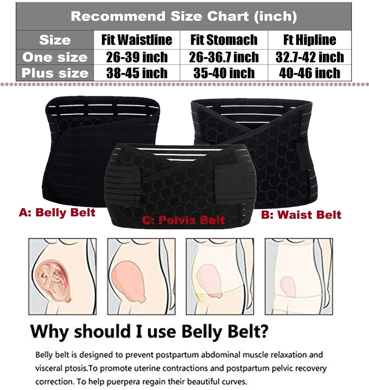 3 in 1 Postpartum Support - Recovery Belly/waist/pelvis Belt Shapewear Slimming Girdle (One Size, Black)