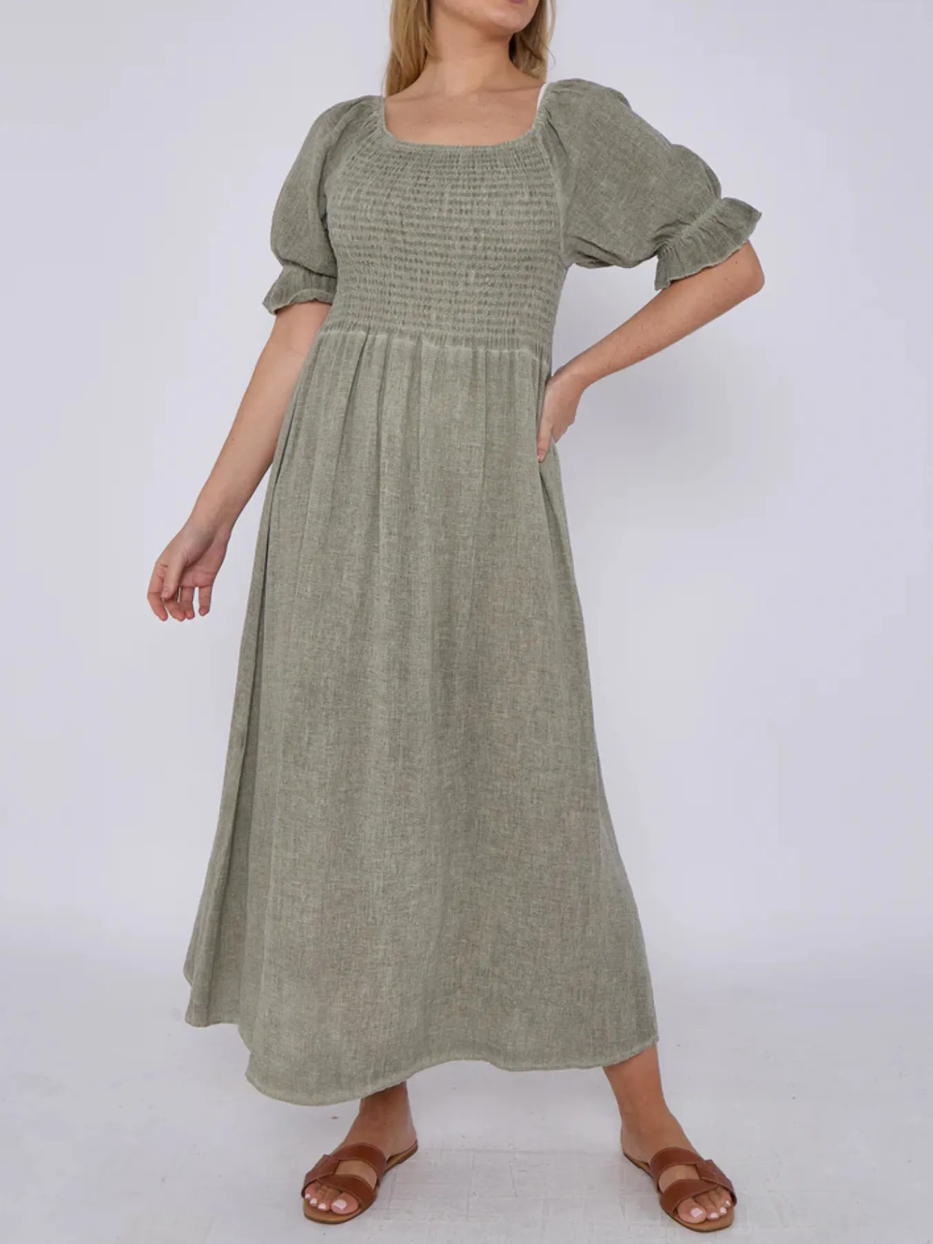 Beige Washed Linen Shirred Midi Dress