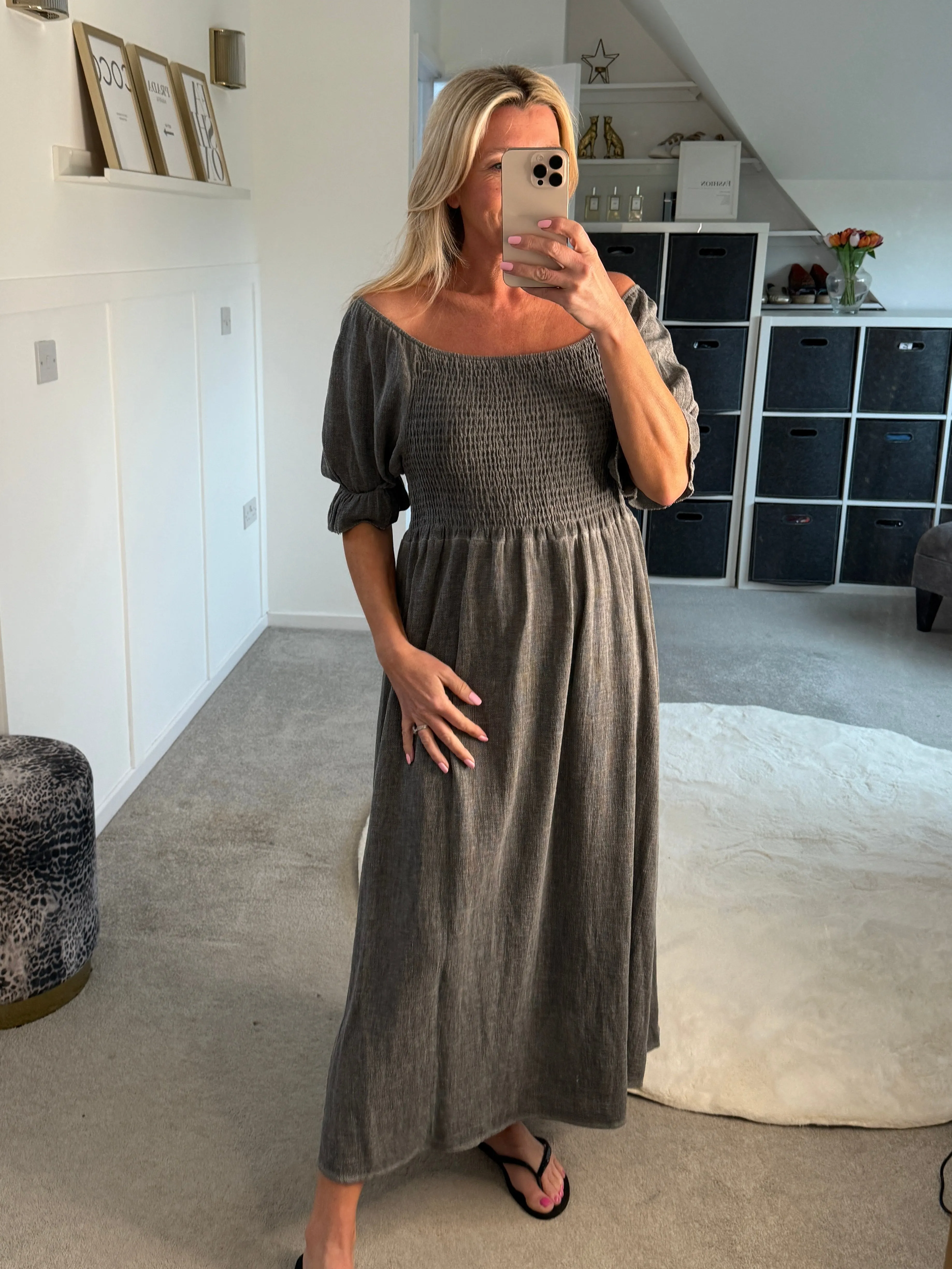 Beige Washed Linen Shirred Midi Dress