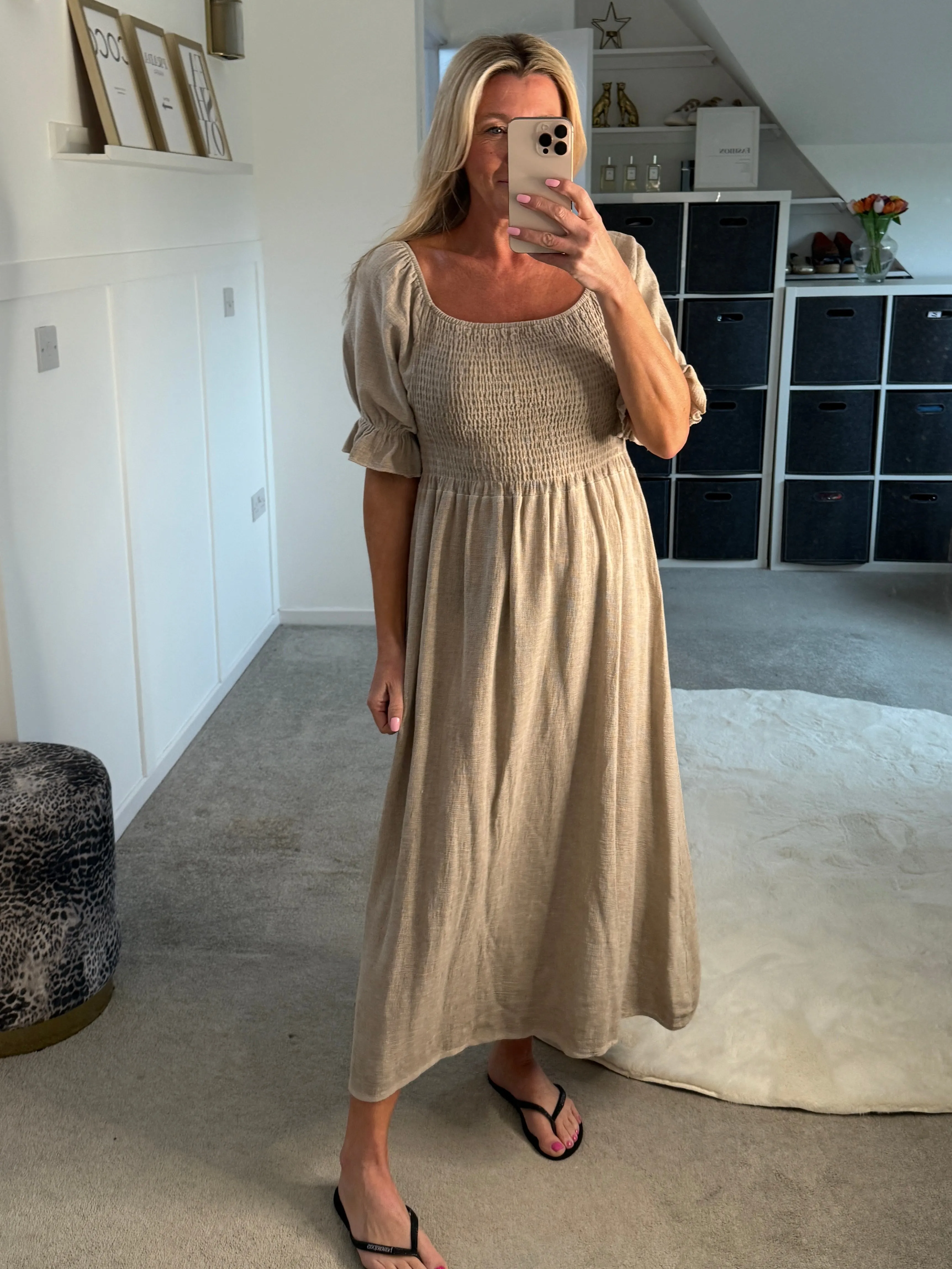 Beige Washed Linen Shirred Midi Dress
