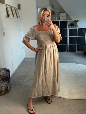 Beige Washed Linen Shirred Midi Dress