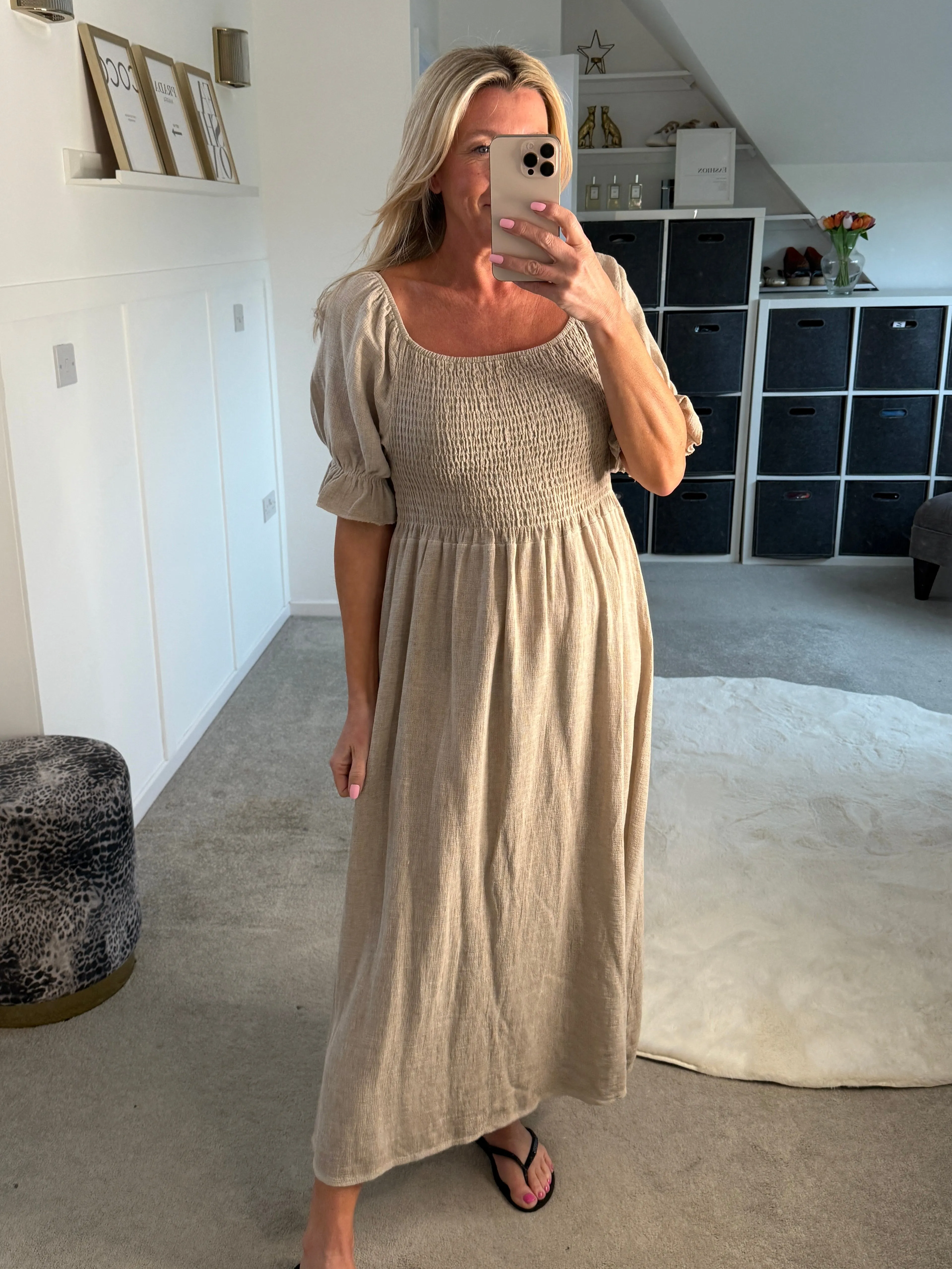 Beige Washed Linen Shirred Midi Dress