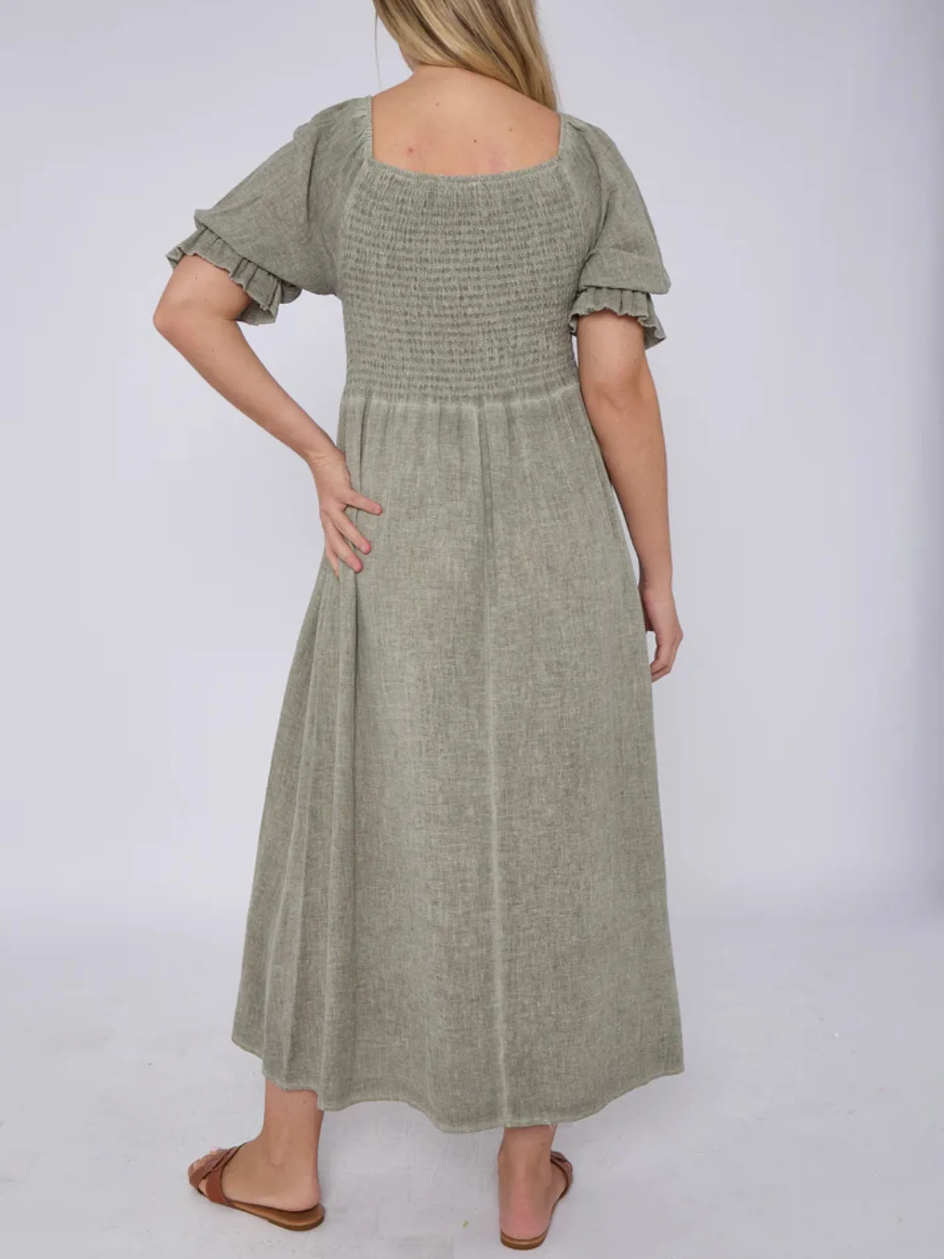 Beige Washed Linen Shirred Midi Dress