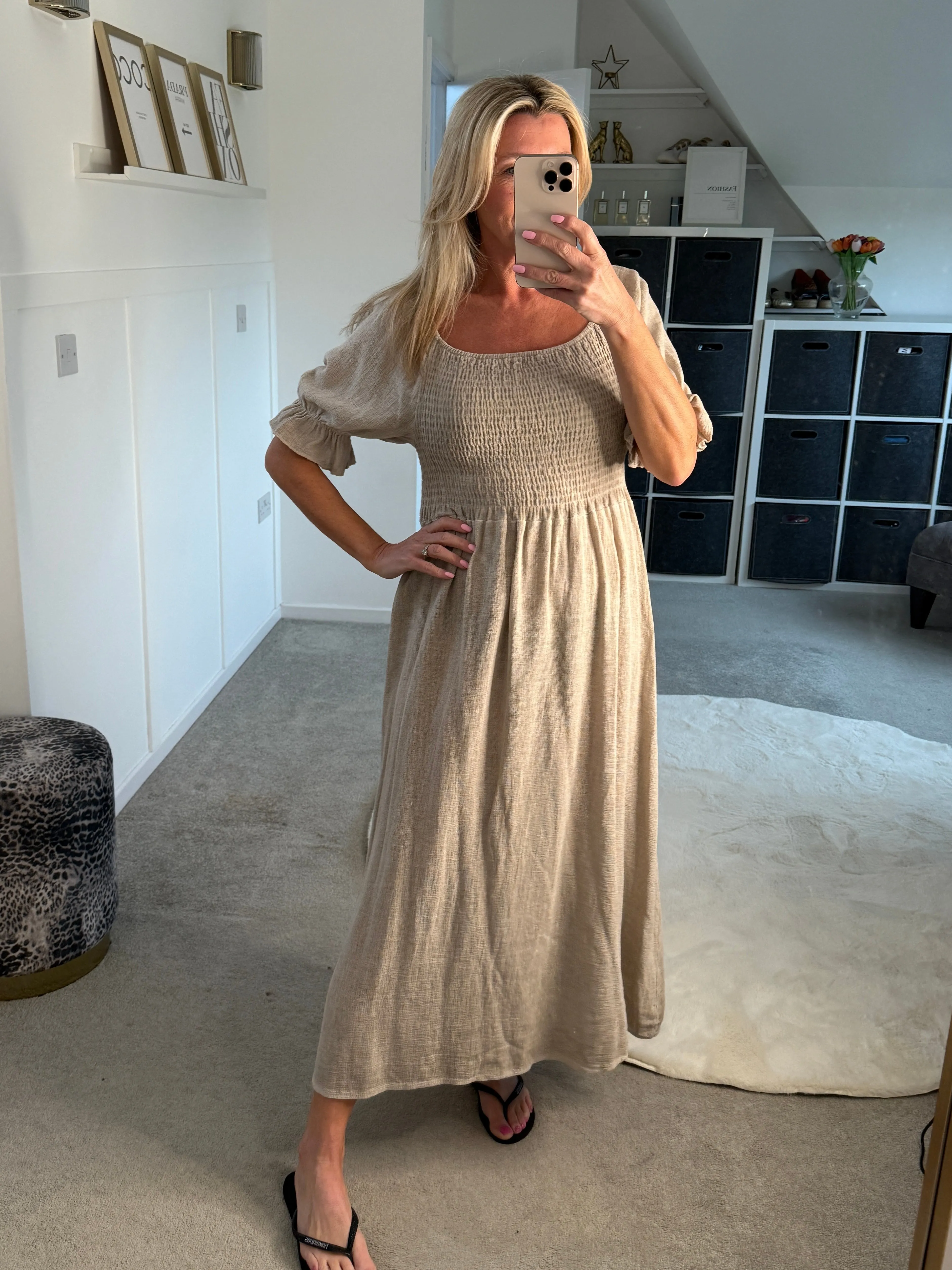 Beige Washed Linen Shirred Midi Dress