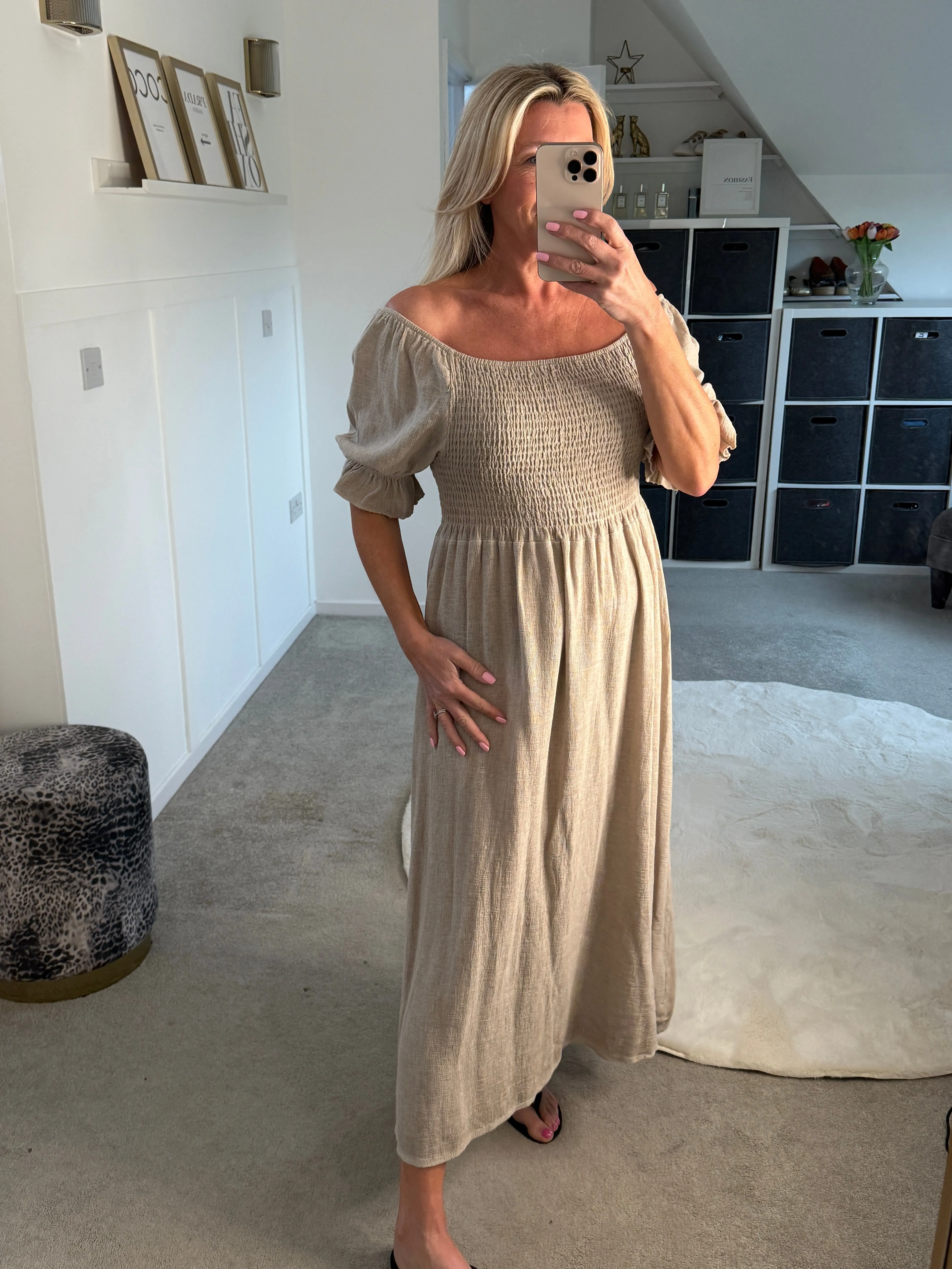 Beige Washed Linen Shirred Midi Dress