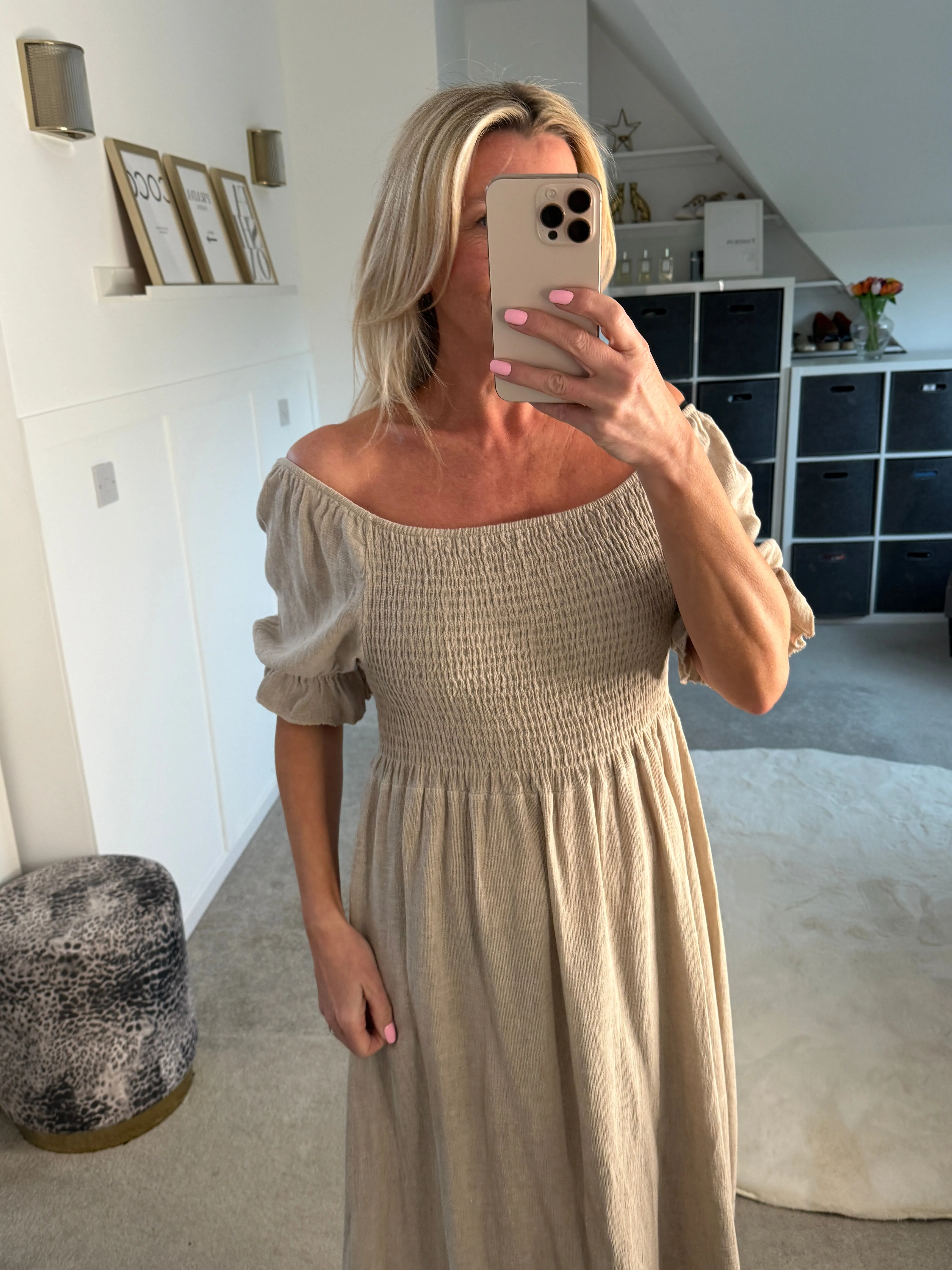 Beige Washed Linen Shirred Midi Dress
