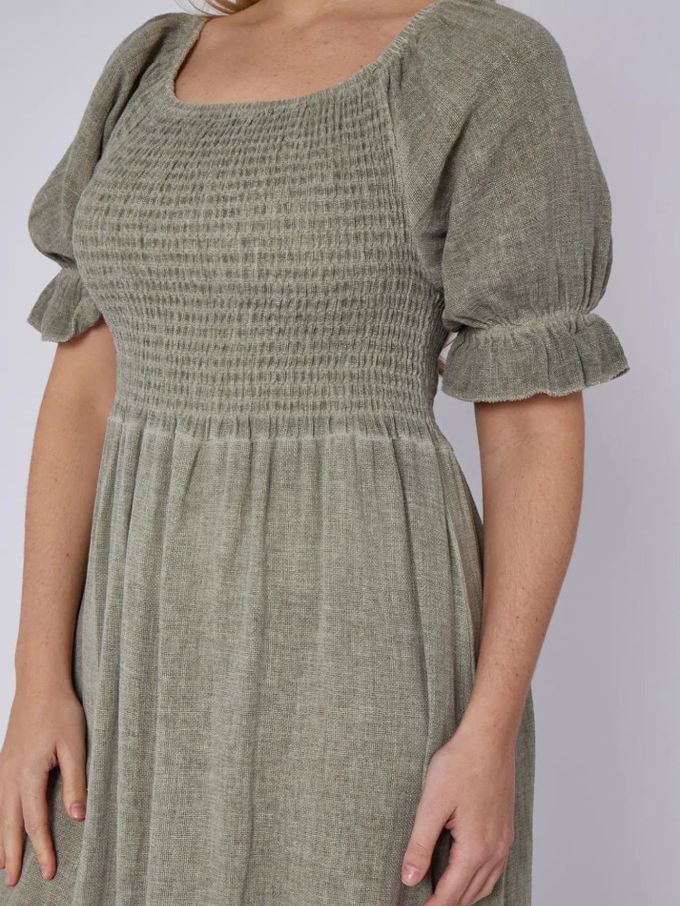 Beige Washed Linen Shirred Midi Dress