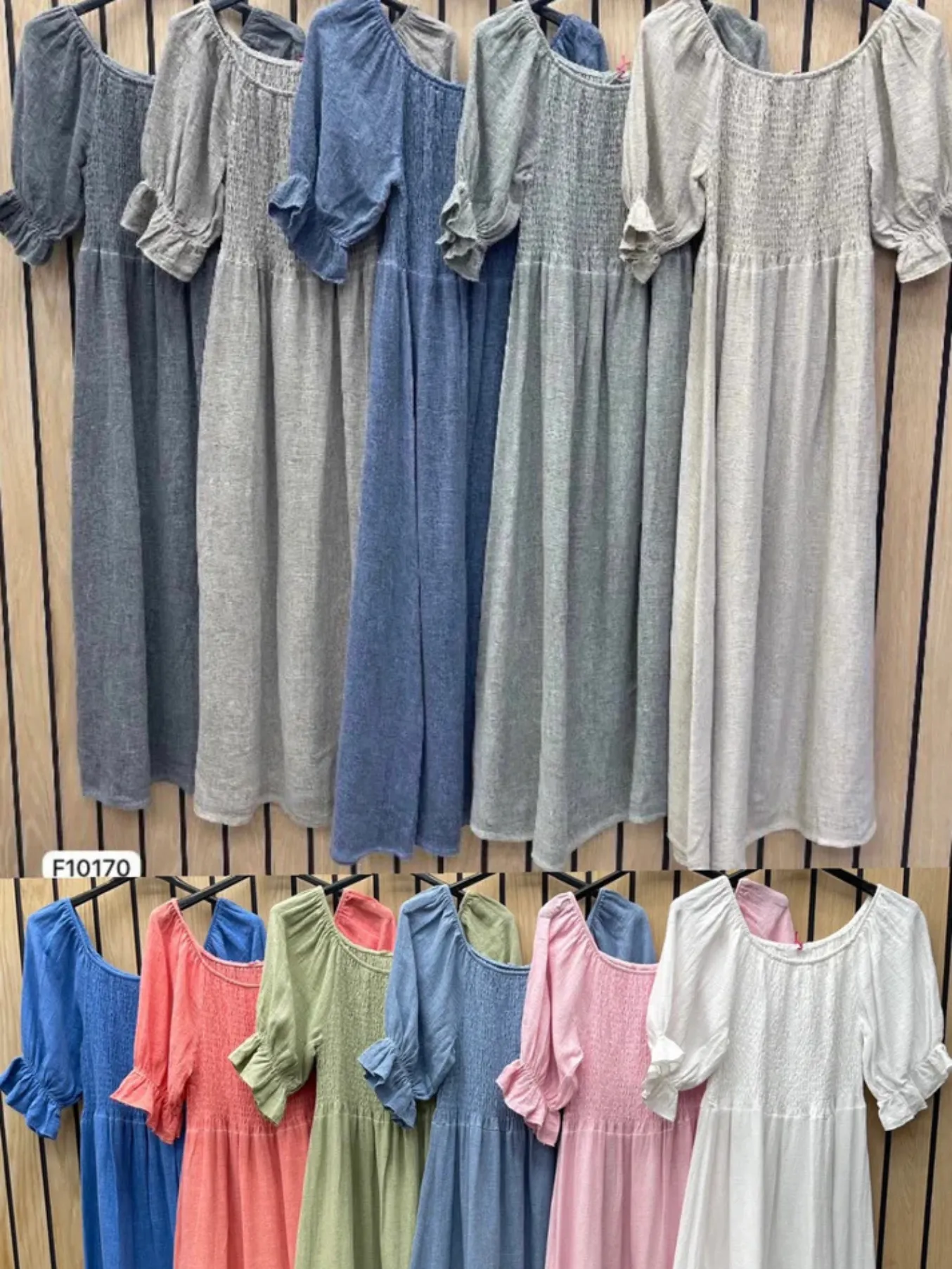 Beige Washed Linen Shirred Midi Dress