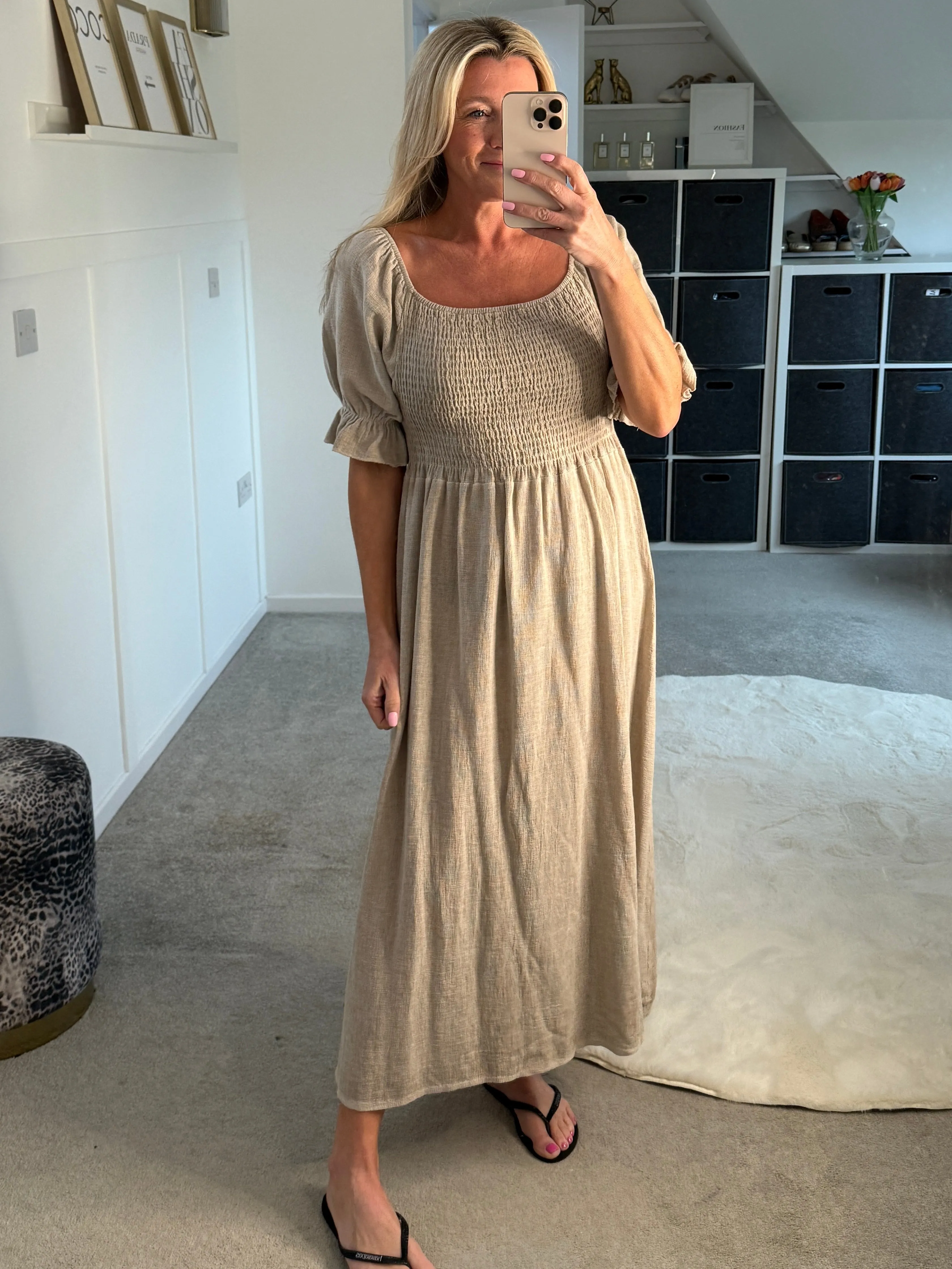 Beige Washed Linen Shirred Midi Dress