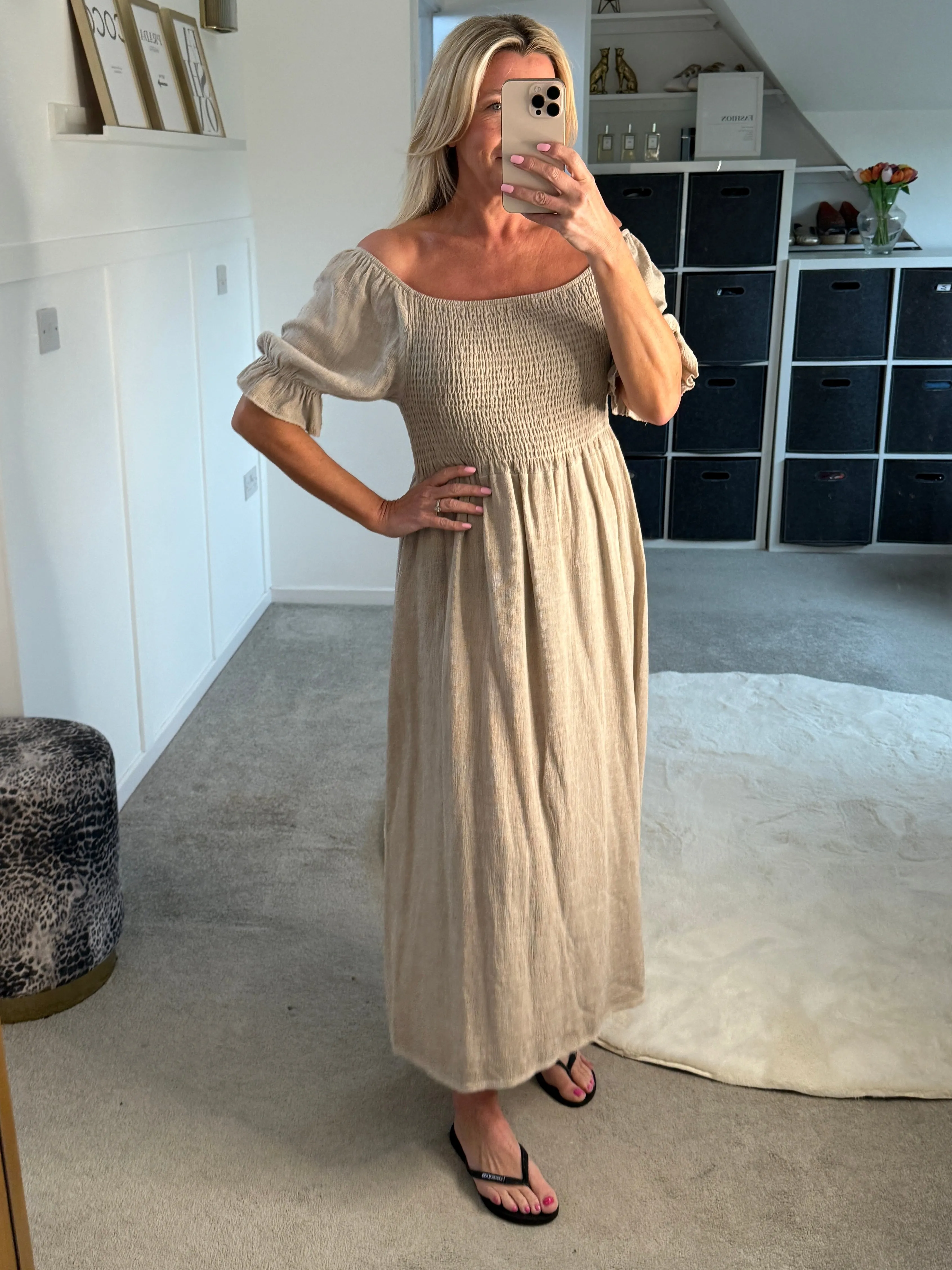 Beige Washed Linen Shirred Midi Dress