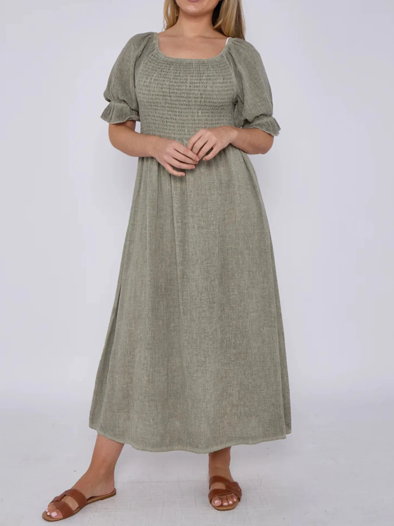 Beige Washed Linen Shirred Midi Dress