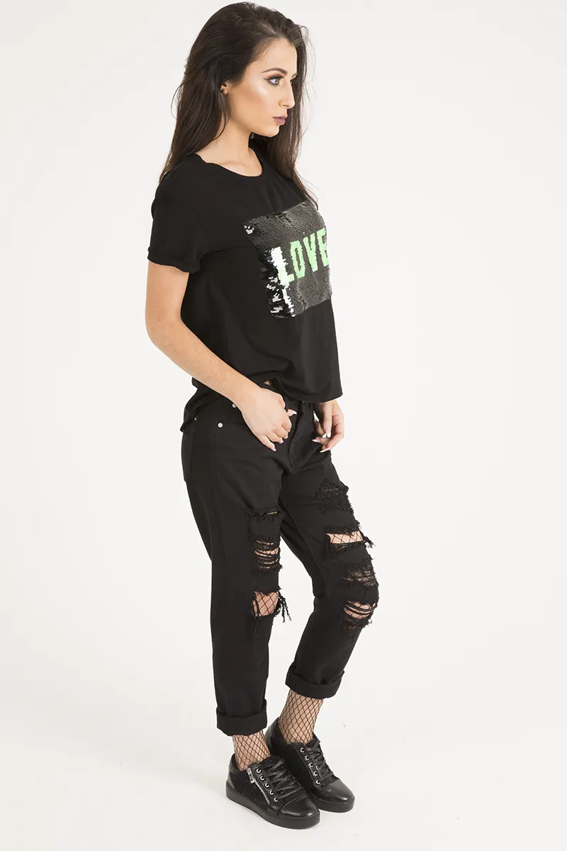Black Reversible Sequin 'Love' Slogan T-Shirt - Ida