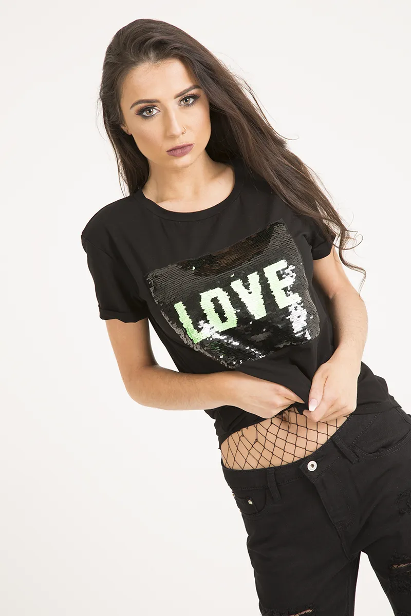 Black Reversible Sequin 'Love' Slogan T-Shirt - Ida
