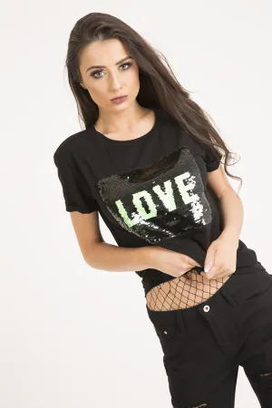 Black Reversible Sequin 'Love' Slogan T-Shirt - Ida