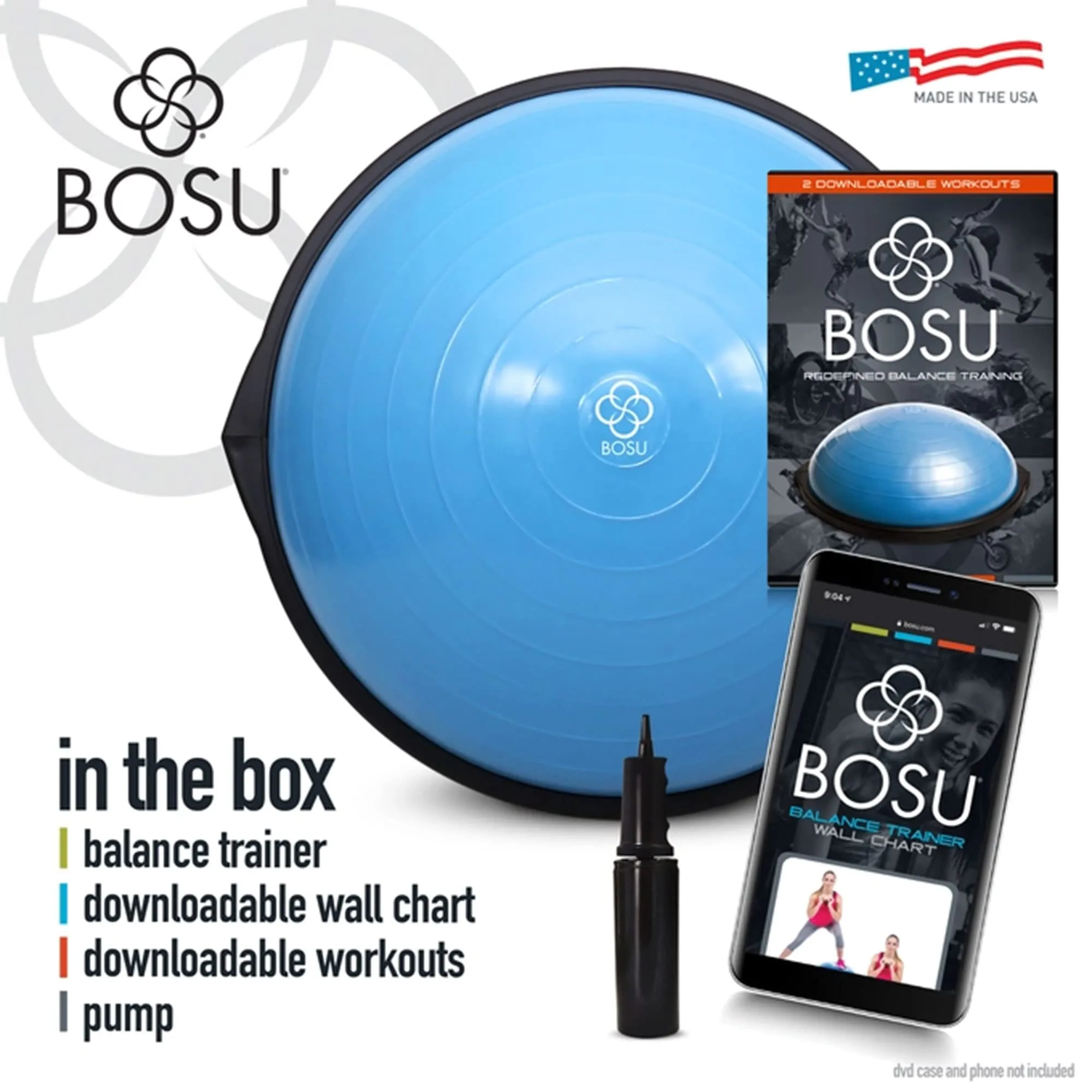 Bosu Multi Functional Original Home Gym 26 Inch Full Body Balance Strength Trainer Ball Equipment with Guided Workouts and Pump, Blue