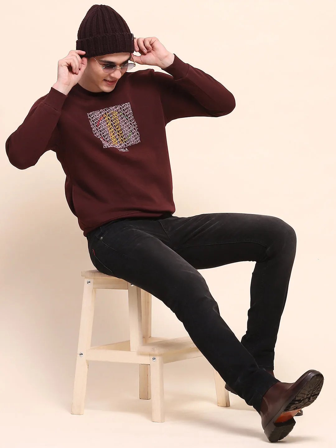 Camla Barcelona Graphic Print Wine Red Cotton Sweatshirt