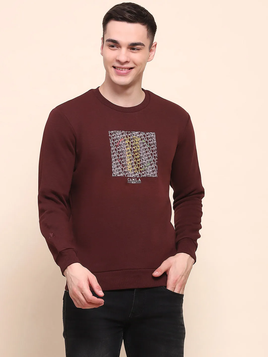 Camla Barcelona Graphic Print Wine Red Cotton Sweatshirt