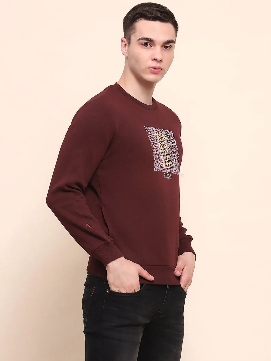 Camla Barcelona Graphic Print Wine Red Cotton Sweatshirt
