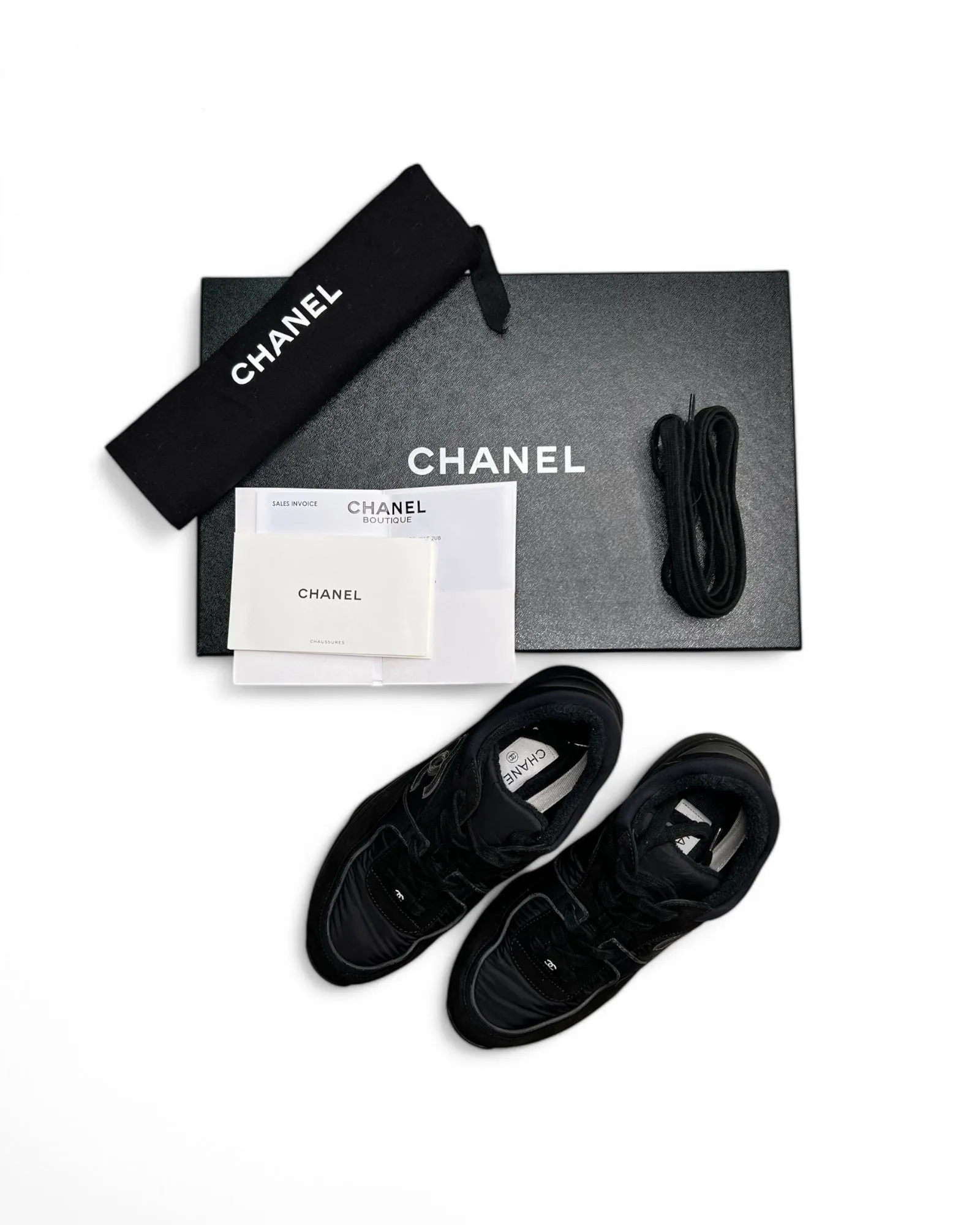 Chanel Black Lace Up Trainers
