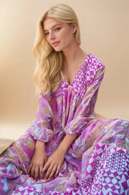 Davi & Dani Geo and Floral Print Mixed Tiered Dress