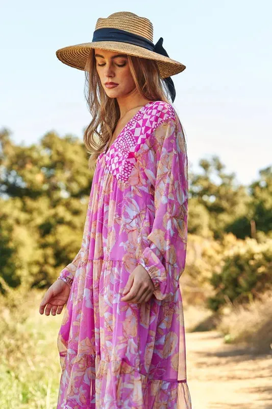 Davi & Dani Geo and Floral Print Mixed Tiered Dress