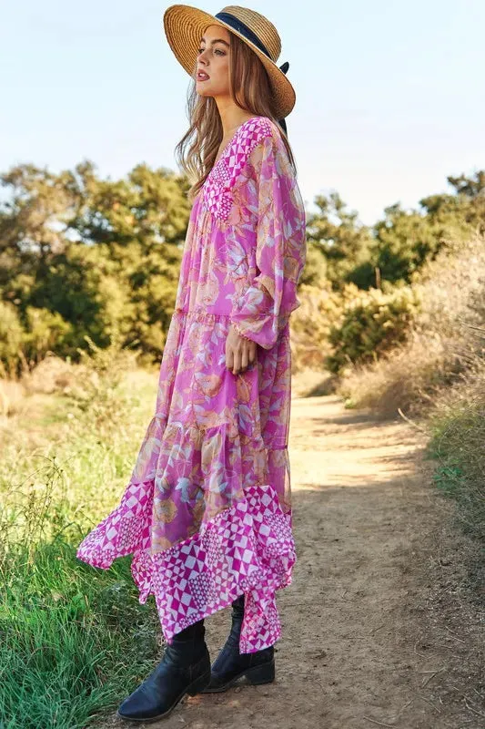 Davi & Dani Geo and Floral Print Mixed Tiered Dress