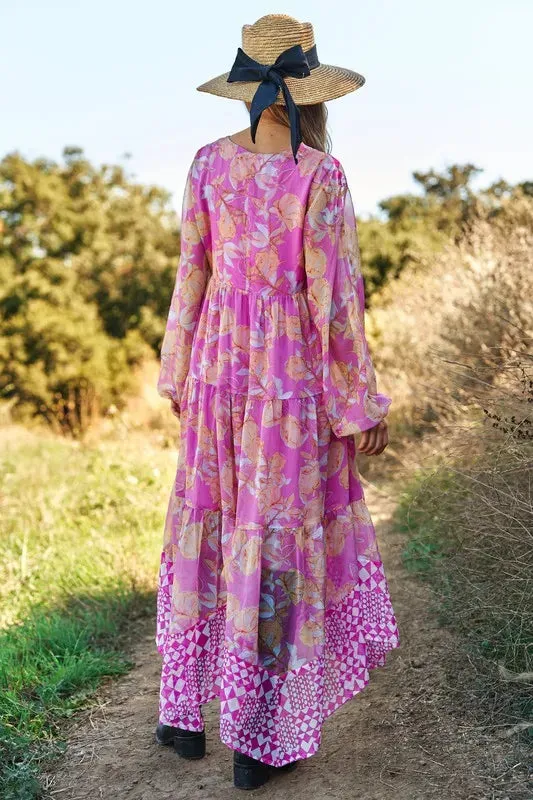 Davi & Dani Geo and Floral Print Mixed Tiered Dress