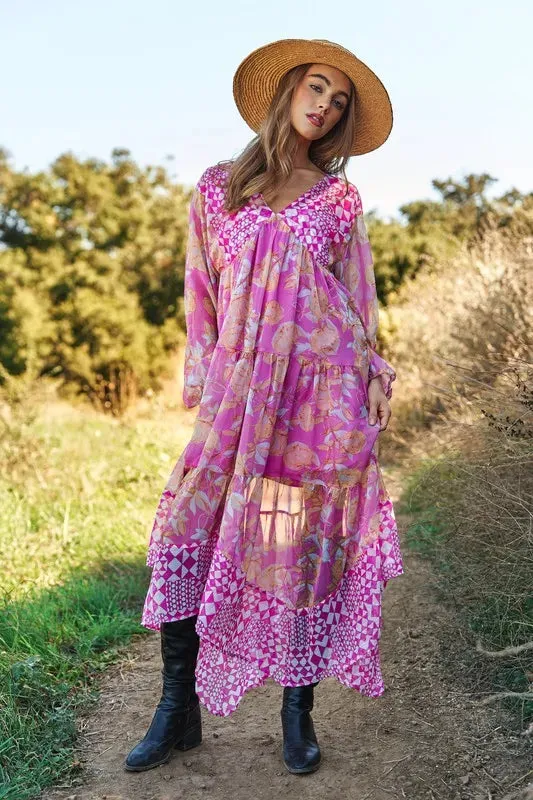 Davi & Dani Geo and Floral Print Mixed Tiered Dress