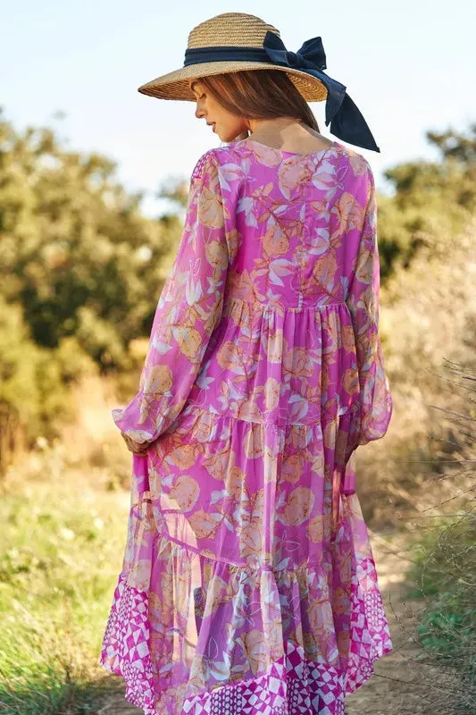 Davi & Dani Geo and Floral Print Mixed Tiered Dress