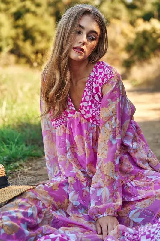 Davi & Dani Geo and Floral Print Mixed Tiered Dress