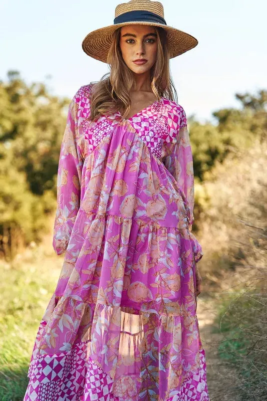 Davi & Dani Geo and Floral Print Mixed Tiered Dress