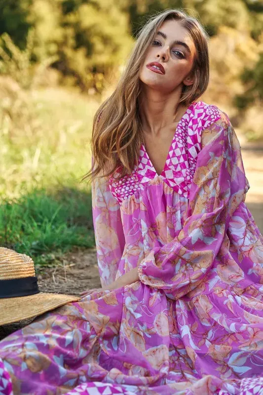 Davi & Dani Geo and Floral Print Mixed Tiered Dress