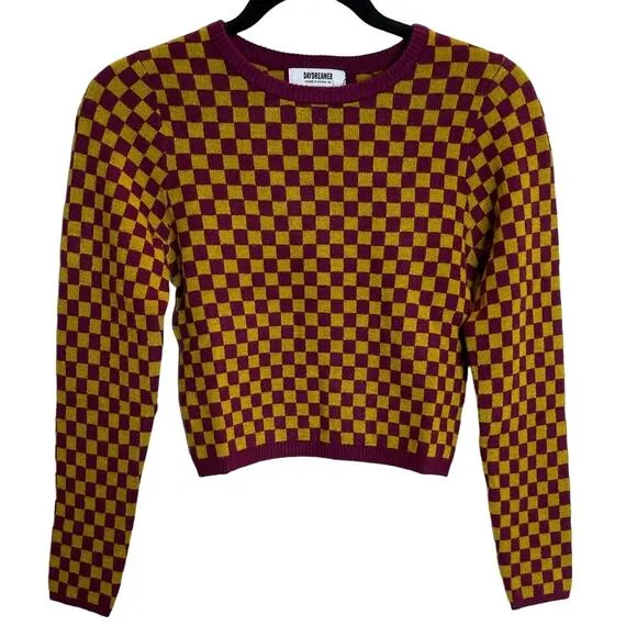 Daydreamer Fig Check Fitted Pullover Sweater - Size XS