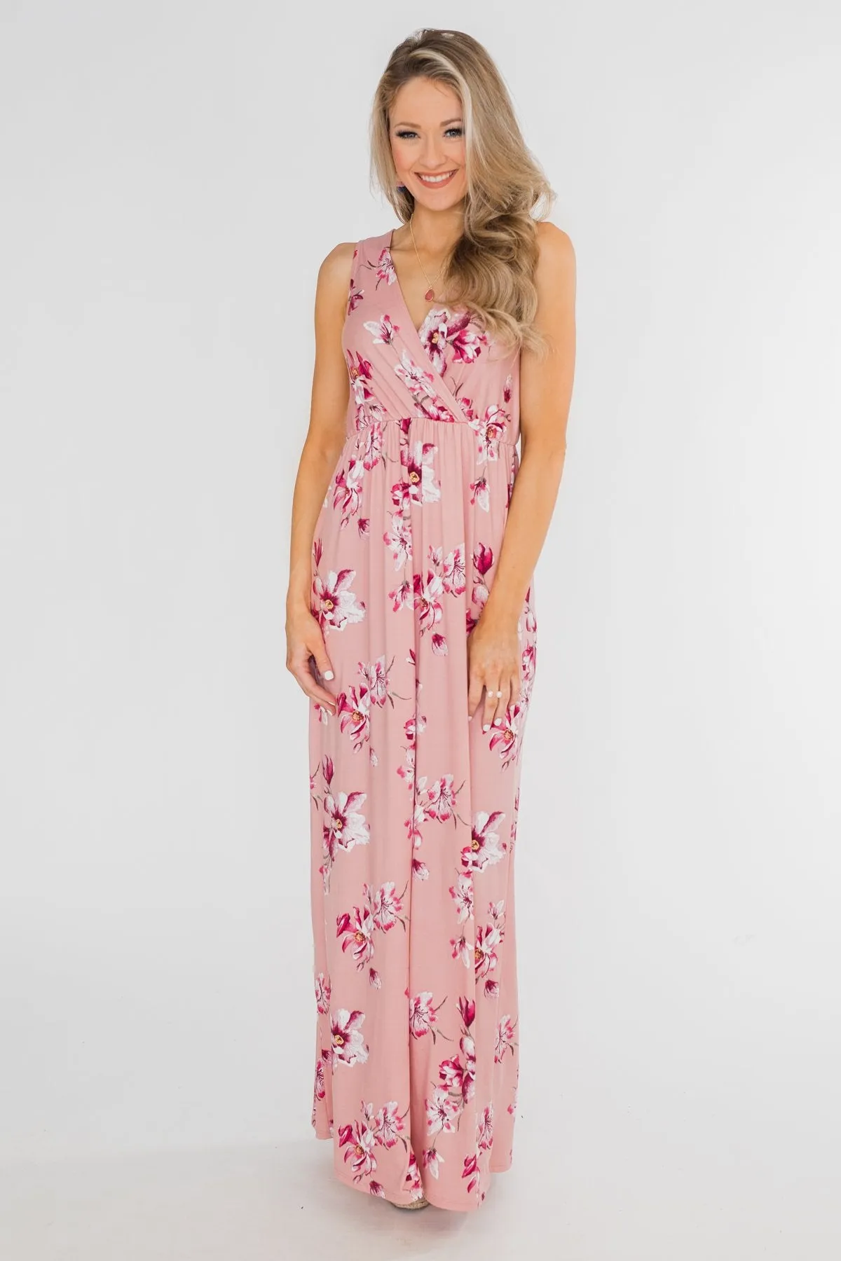 Daydreaming in Floral V-Neck Maxi Dress- Soft Pink