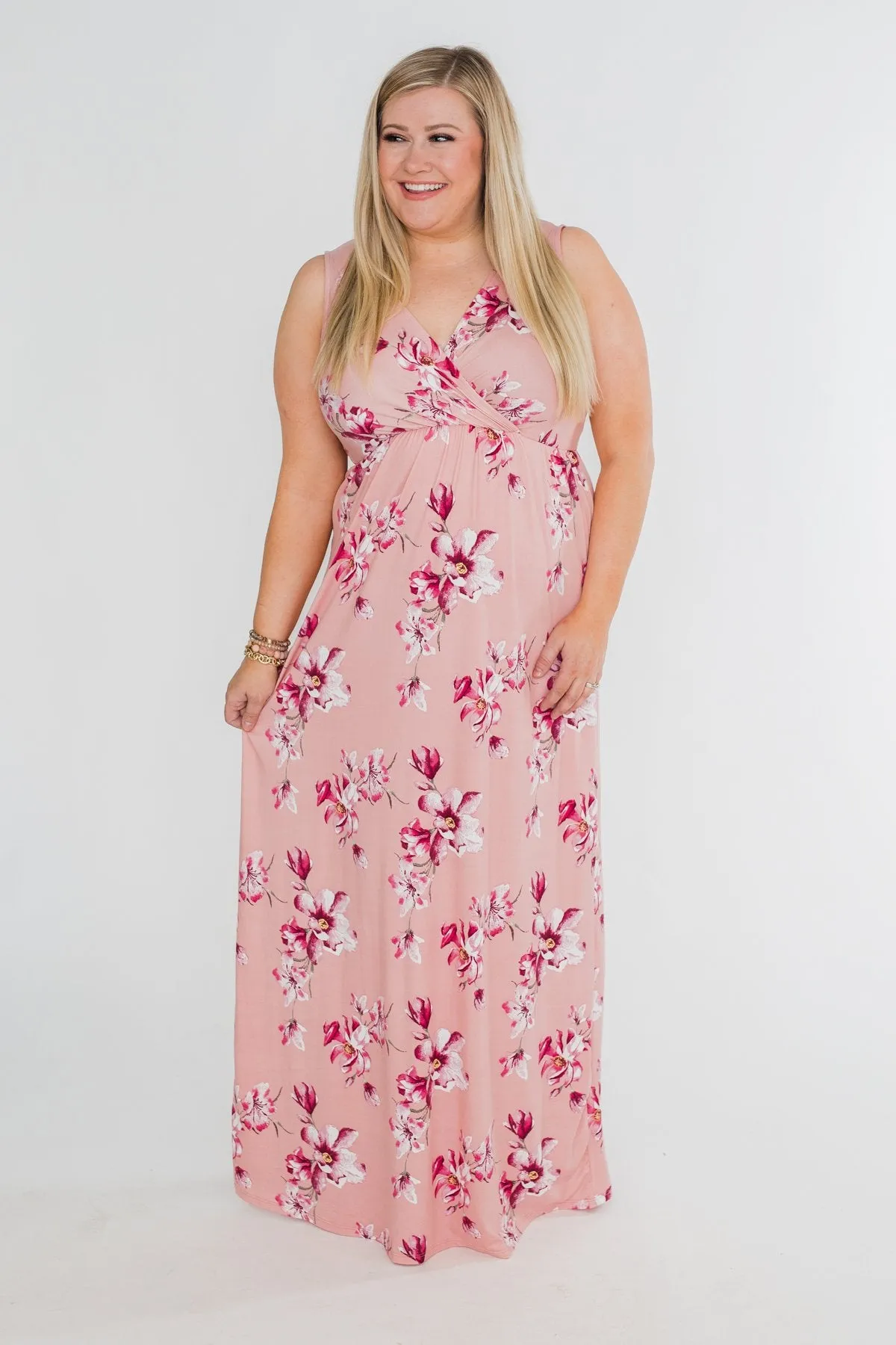 Daydreaming in Floral V-Neck Maxi Dress- Soft Pink