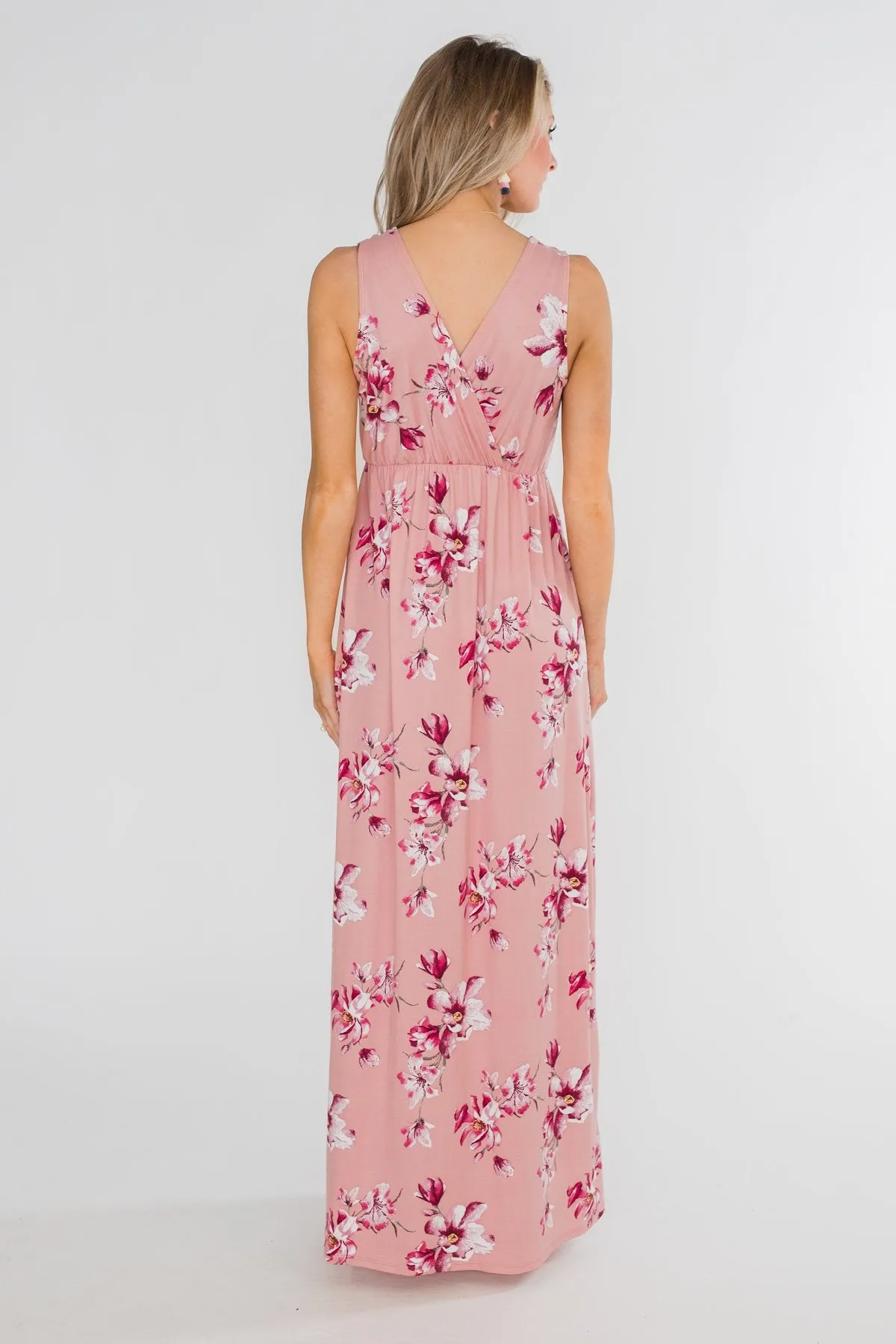 Daydreaming in Floral V-Neck Maxi Dress- Soft Pink