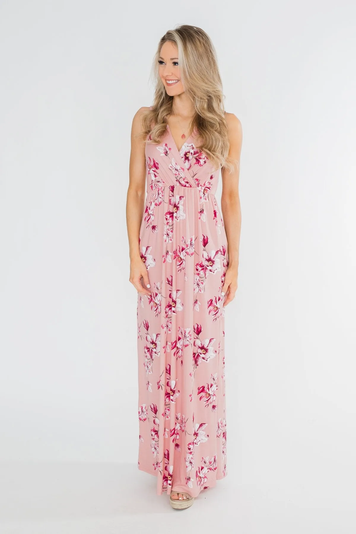 Daydreaming in Floral V-Neck Maxi Dress- Soft Pink