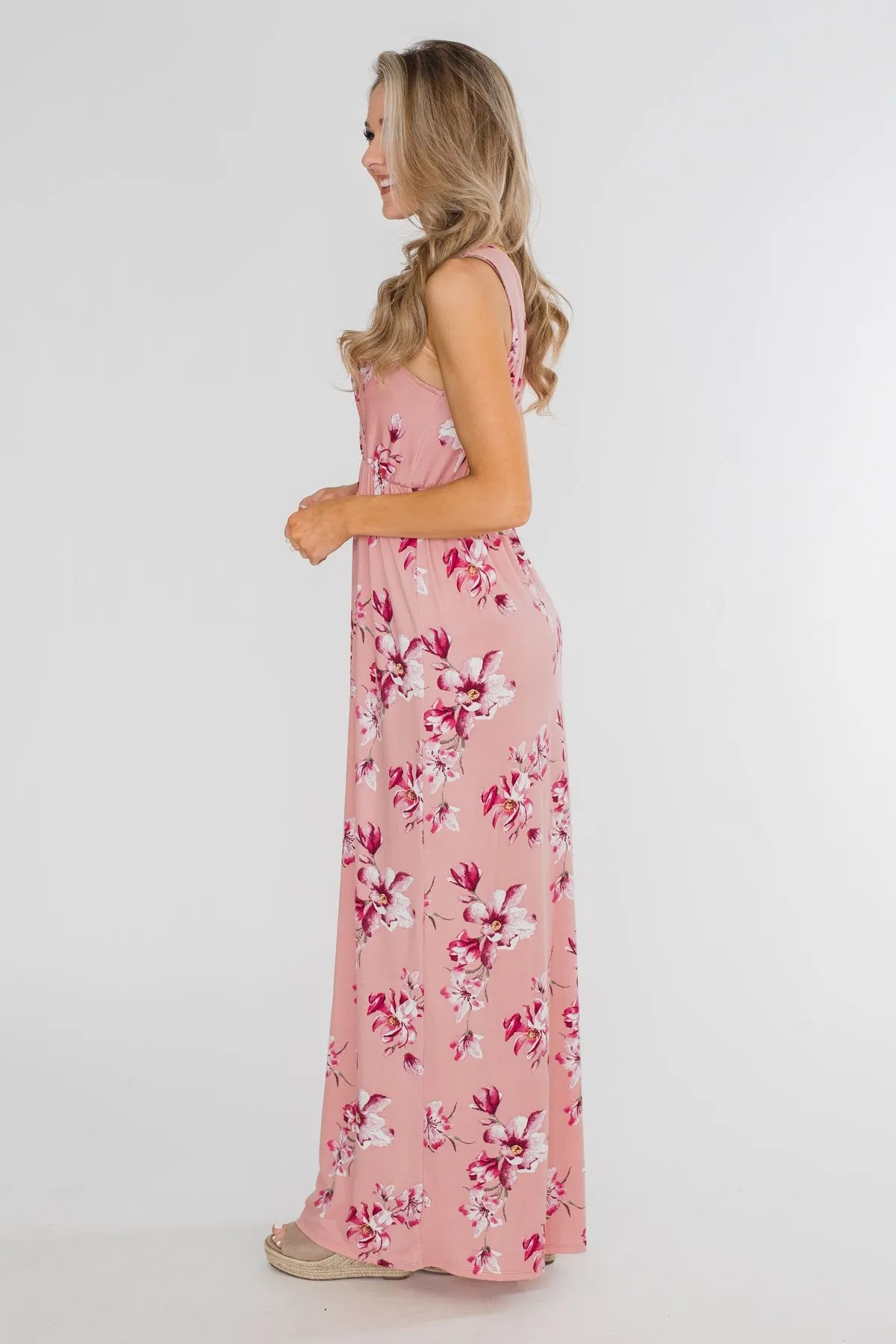 Daydreaming in Floral V-Neck Maxi Dress- Soft Pink