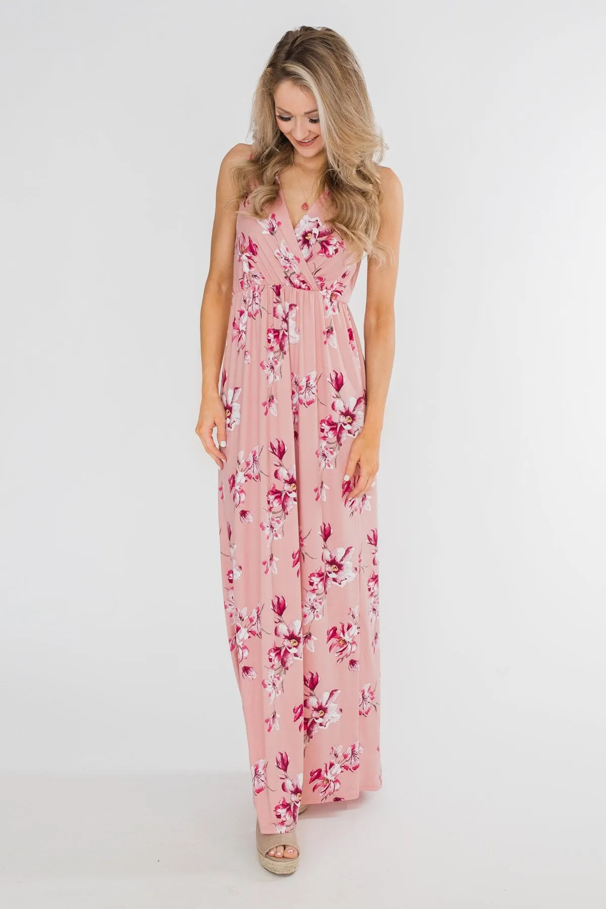 Daydreaming in Floral V-Neck Maxi Dress- Soft Pink