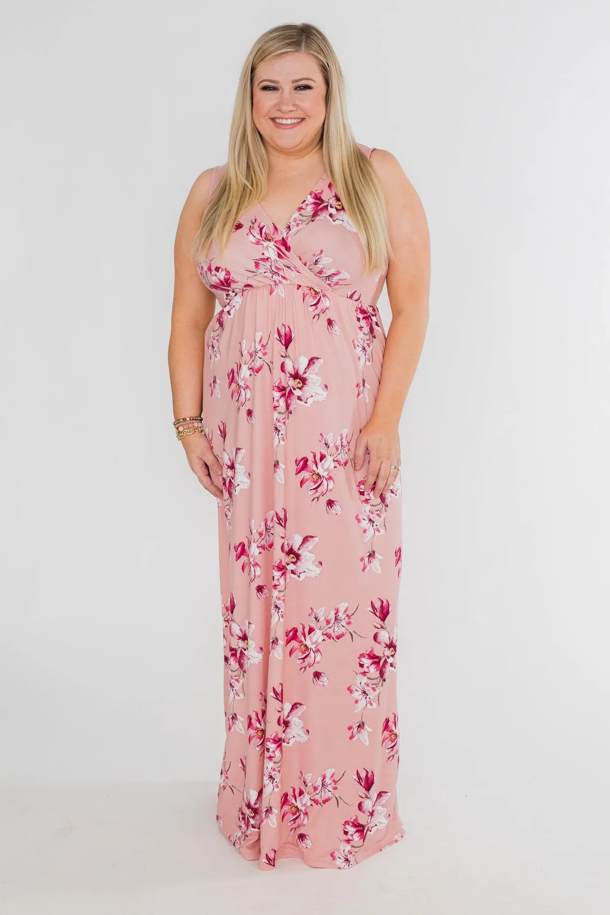 Daydreaming in Floral V-Neck Maxi Dress- Soft Pink