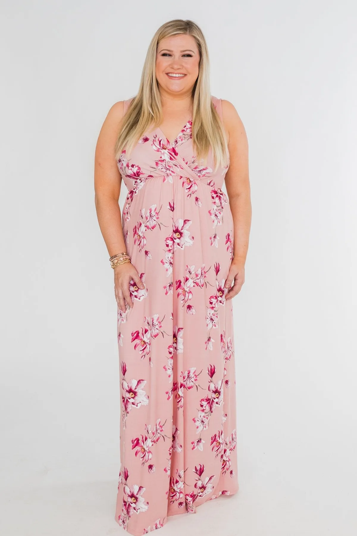 Daydreaming in Floral V-Neck Maxi Dress- Soft Pink