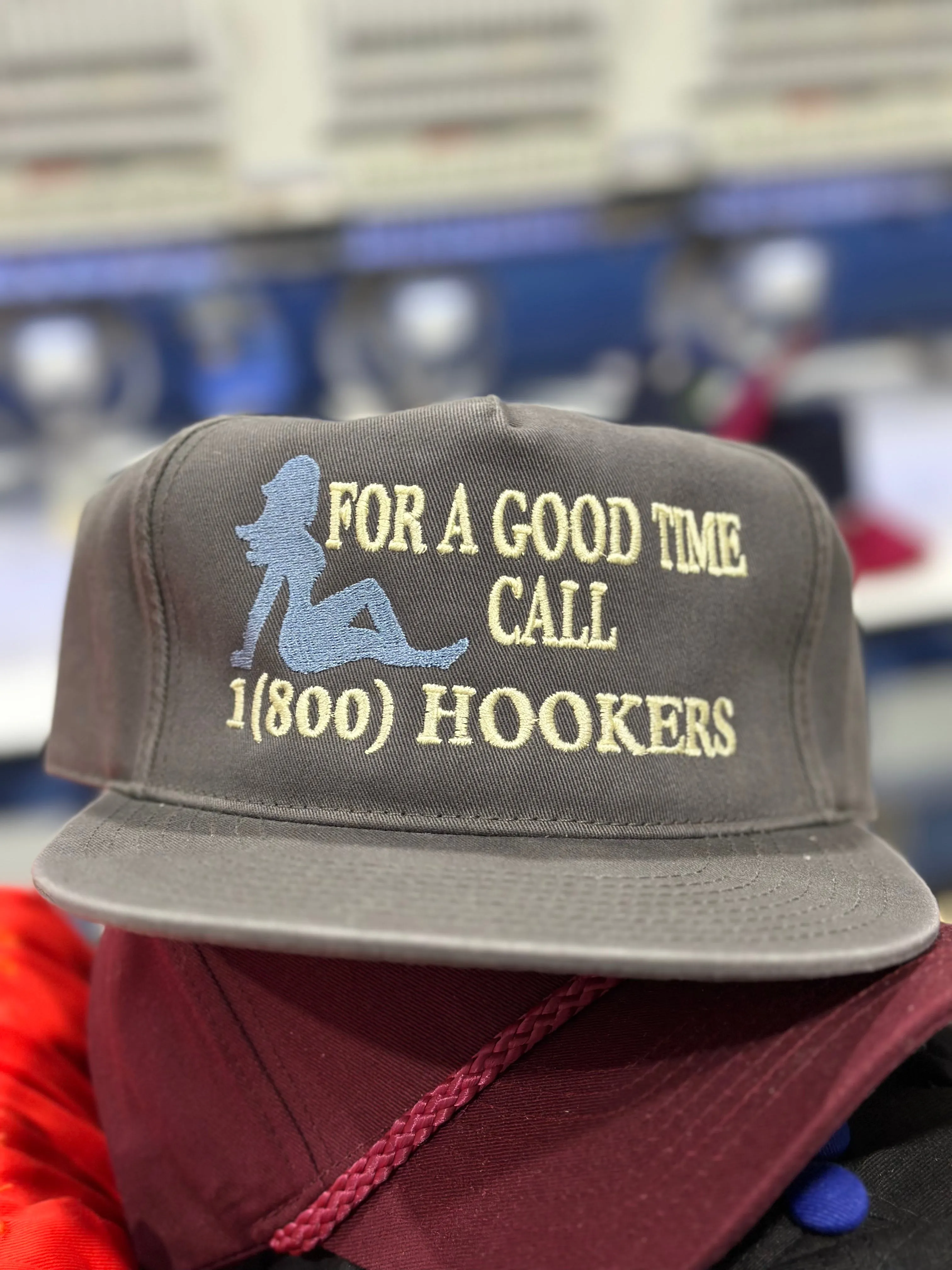 FOR A GOOD TIME CALL 1800 Charcoal Gray Strapback 5 Panel Low Profile Style Dad Hat Cap Funny Custom Embroidery
