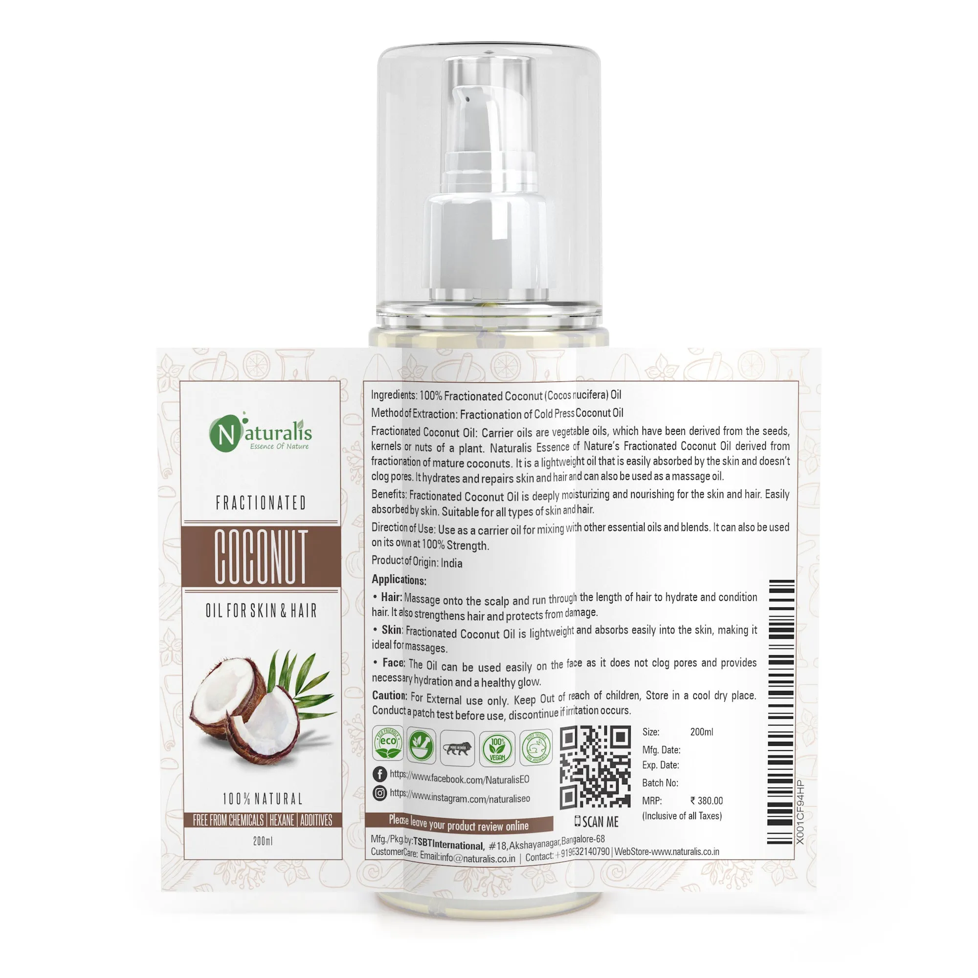 Fractionated Coconut Carrier Oil Natural Skin Moisturizer, Therapeutic, Odorless, 200ml
