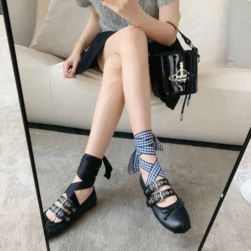 French ballerina ballet flats women's soft leather bow lace-up shallow Metallic belt trim car stitching cross straps belt buckle